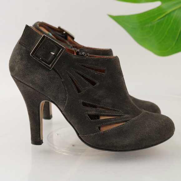 Steve Madden Womens Boot Size 7 Taupe Gray Suede Cutouts High Heel Bootie - Picture 3 of 12